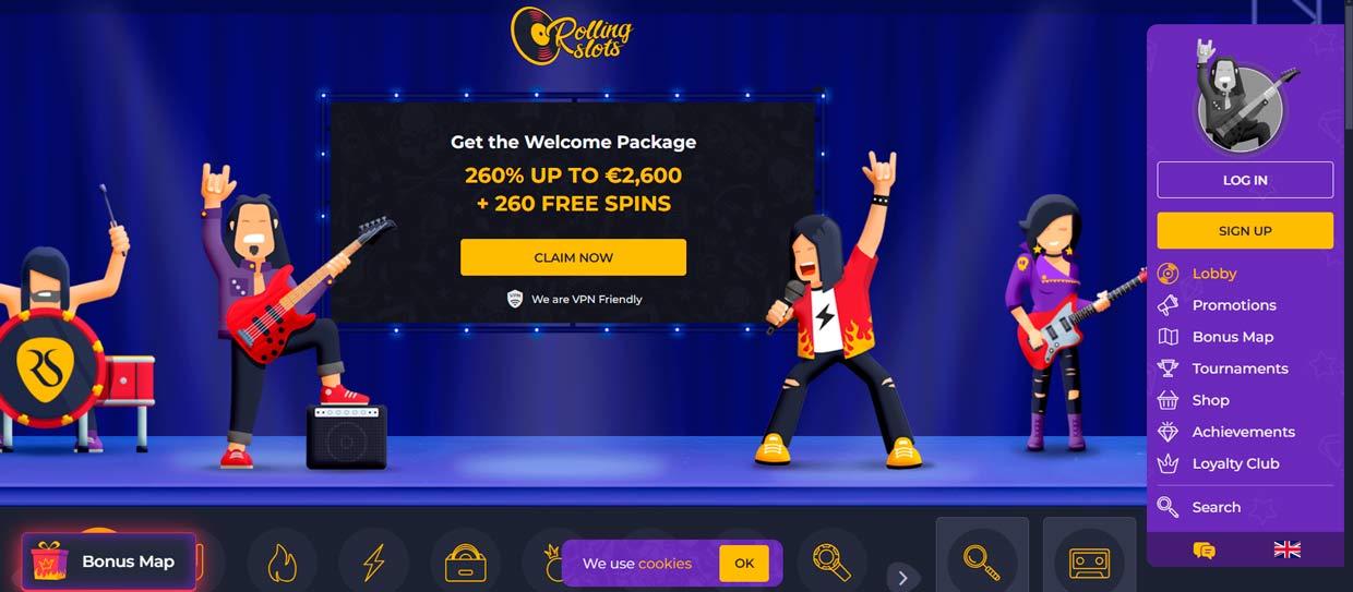 Rolling Slots welcome screen